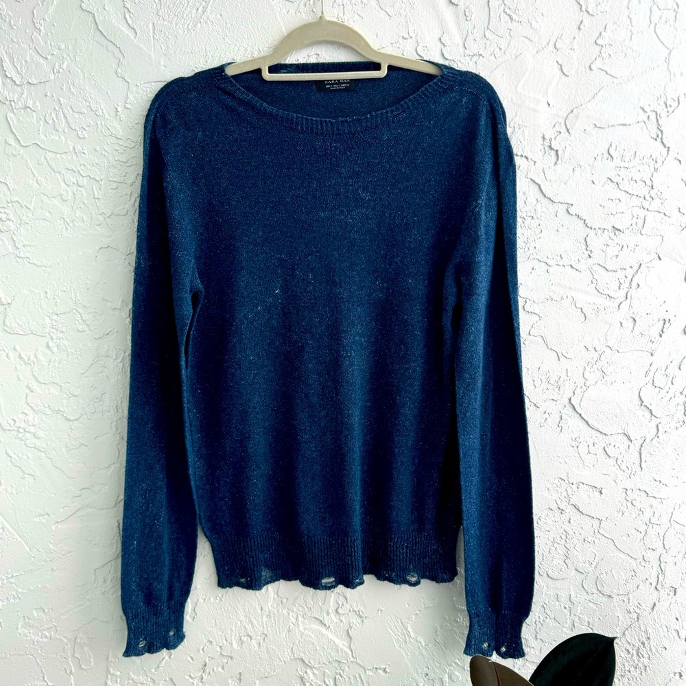 ZARA Man Blue Knit Sweater with Distressed Hem – Size S